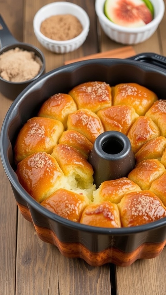 Dairy-Free Monkey Bread Recipe Golden-brown monkey bread in a bundt pan, coated with cinnamon sugar, on a rustic table.